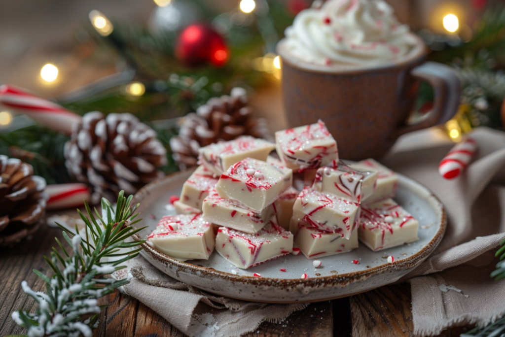 Holiday plate of peppermint bark fudge served with hot cocoa and Christmas decorations.