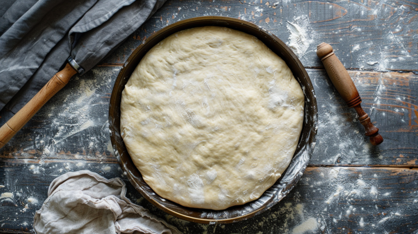 Shaped pizza dough in greased pan ready for 30 minute second rise