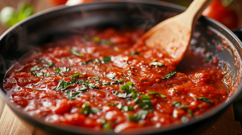 Thick red pizza sauce with crushed tomatoes simmering in saucepan