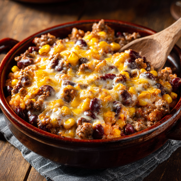 Slow cooker cowboy casserole with beef, beans, and cheese bubbling.