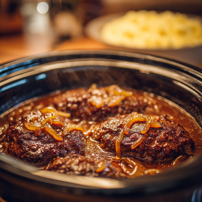 Crockpot Salisbury steaks simmering in onion gravy with mashed potatoes nearby.