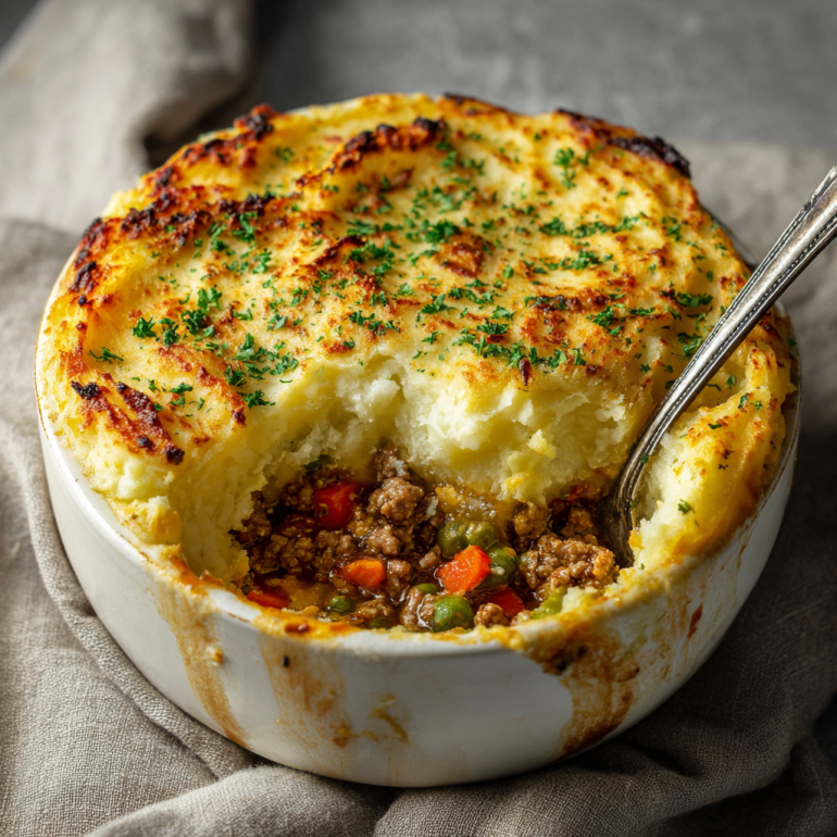 Slow cooker shepherd’s pie topped with golden mashed potatoes and parsley.