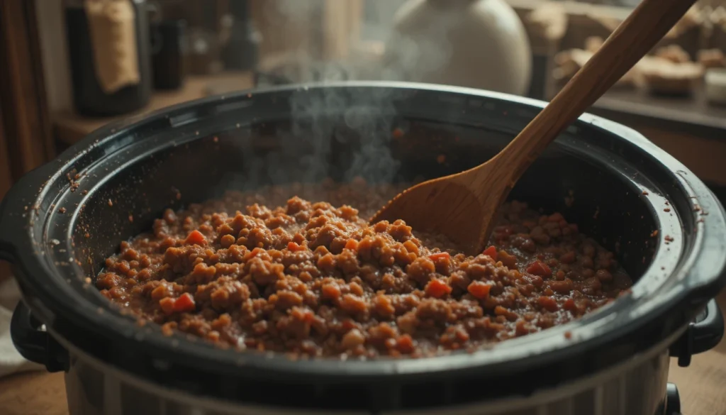 Person stirring saucy ground beef mixture inside slow cooker with wooden spoon