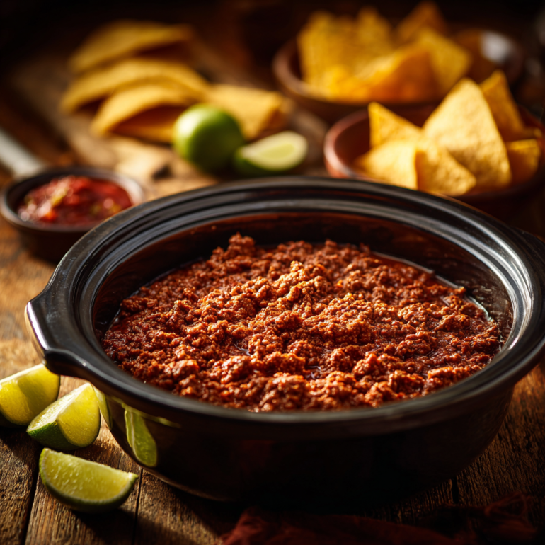 Crockpot of seasoned taco meat with taco shells and limes on rustic counter.