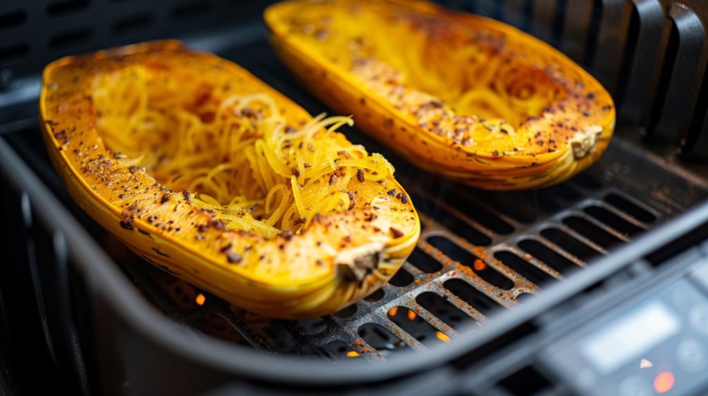 Spaghetti squash halves cut side down in air fryer basket at 375 degrees