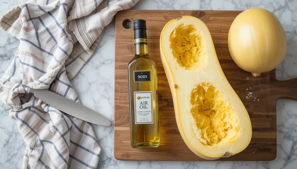 Ingredients for air fryer spaghetti squash arranged on wooden counter.