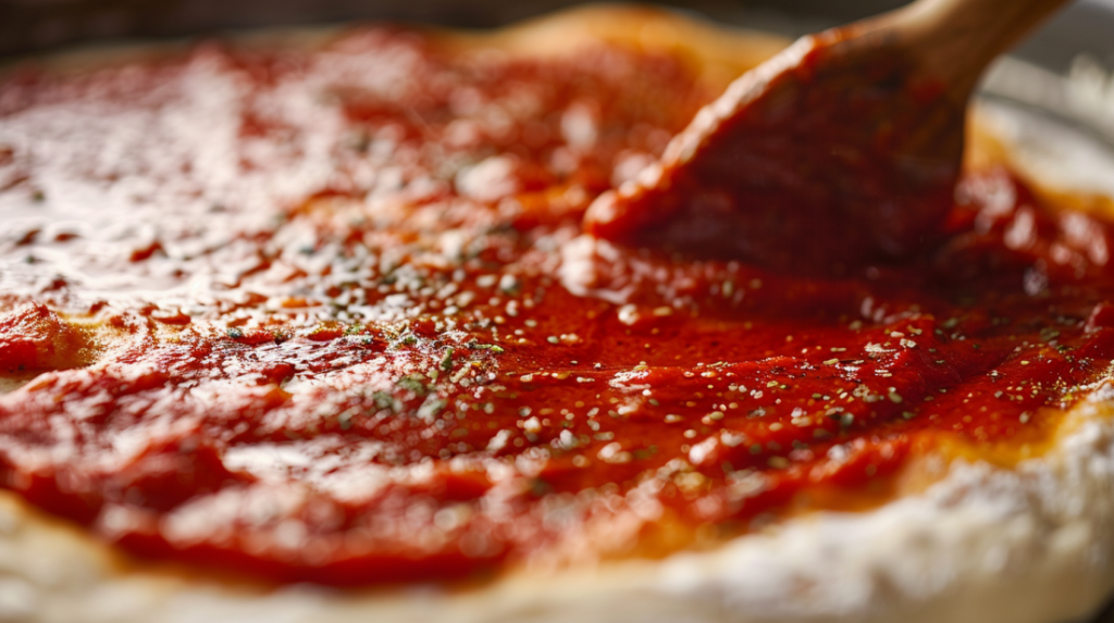 Spreading homemade pizza sauce generously over risen pizza dough