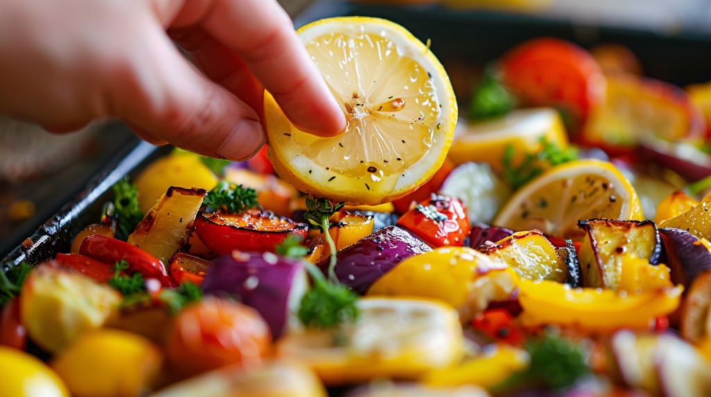 Squeezing fresh lemon wedge over air-fried vegetables for bright flavor