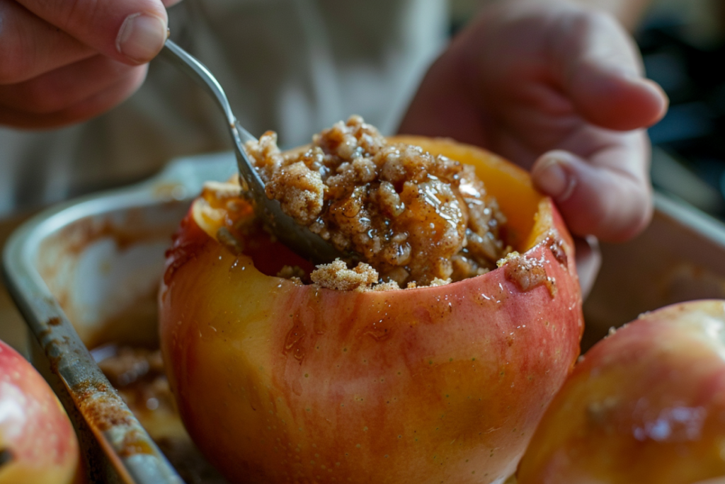 Hands stuffing cored apple with cinnamon-sugar filling mixture for air fryer baked apples