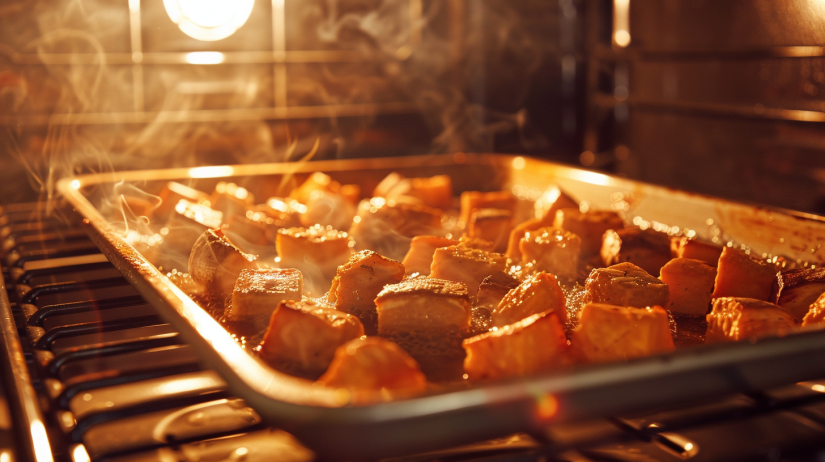 Tray of sweet potatoes roasting inside an oven under warm golden light.