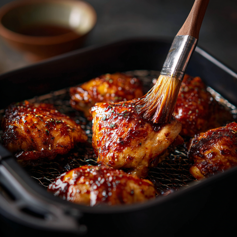 Air fryer basket with chicken thighs being brushed with teriyaki glaze.