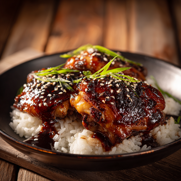 Glossy teriyaki air fryer chicken thighs over jasmine rice with sesame seeds and scallions.