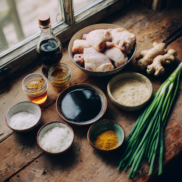Flat lay of ingredients for teriyaki chicken thighs on a rustic counter.