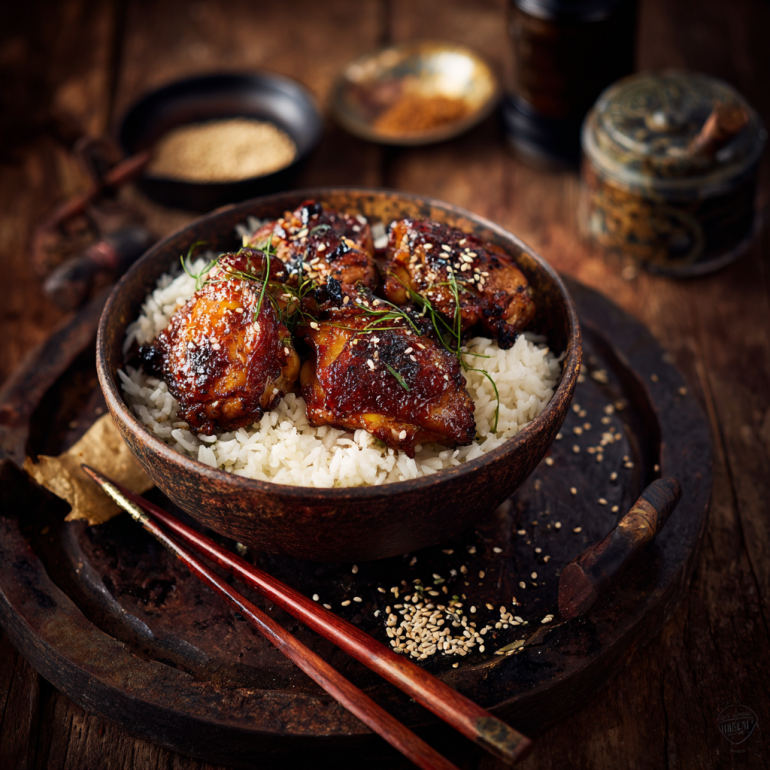 Dinner table with teriyaki air fryer chicken thighs served with rice and chopsticks.