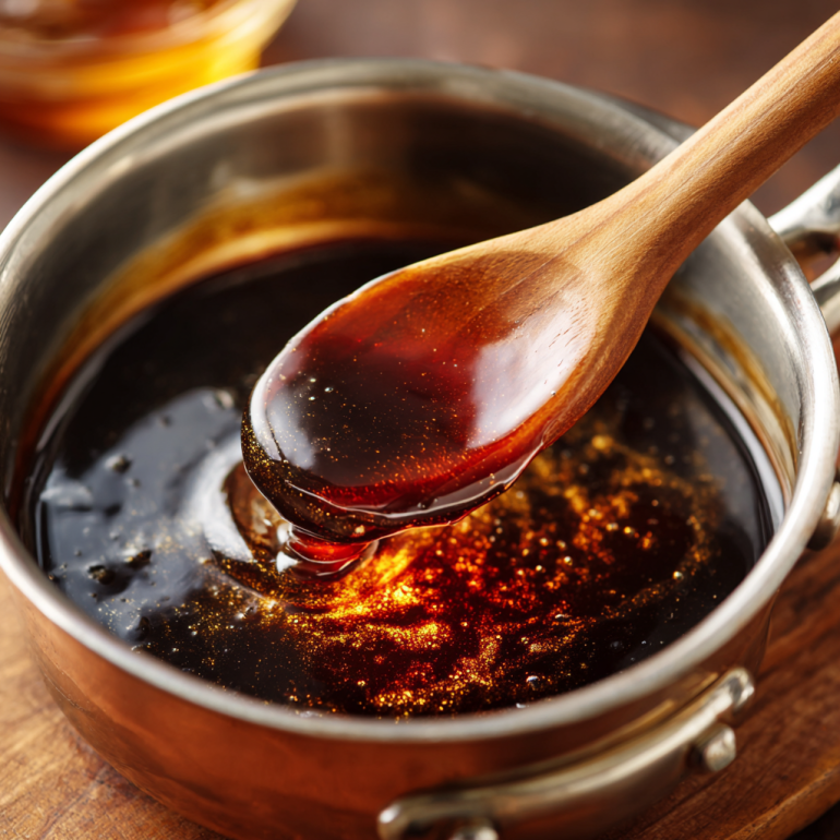 Teriyaki sauce simmering in a saucepan with steam rising.