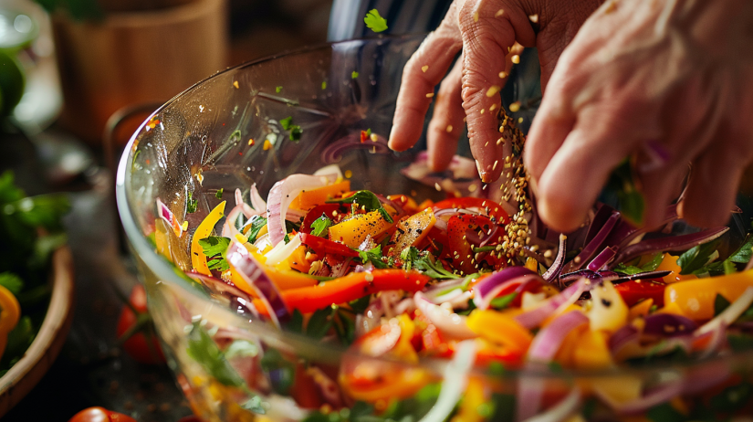 Tossing vegetables with olive oil and seasonings to coat evenly before air frying