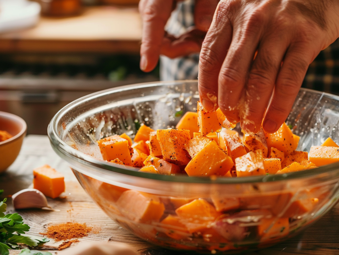 Hands tossing cubed sweet potatoes with oil and spices in a glass mixing bowl.