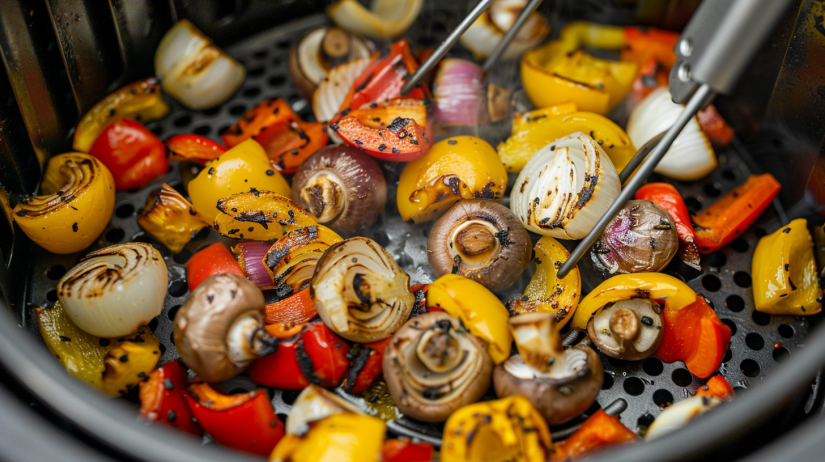 Tossing vegetables in air fryer halfway through 12 minute cooking time for even browning