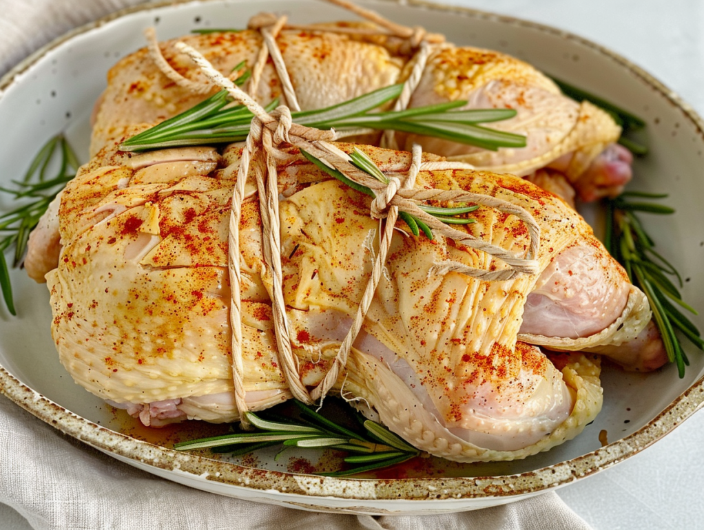 Trussing whole chicken with kitchen twine for even air fryer cooking