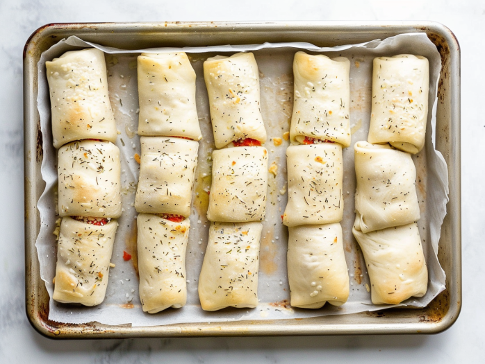Assembled pizza rolls seam-side down ready for air fryer cooking
