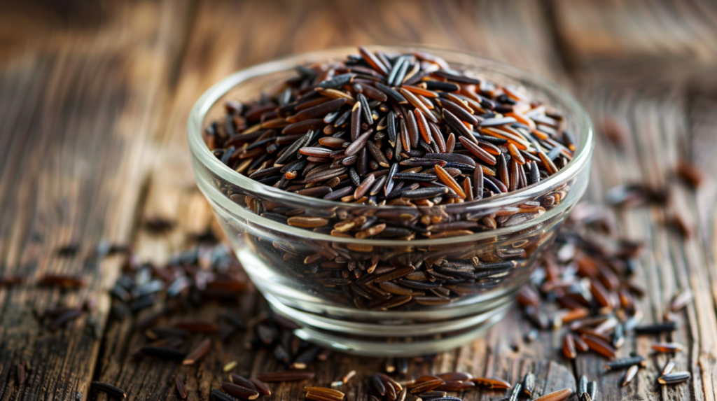 One cup uncooked wild rice grains with dark brown and black color