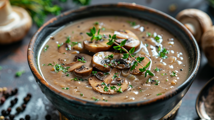 Vegetarian mushroom soup made with vegetable broth and plant-based milk