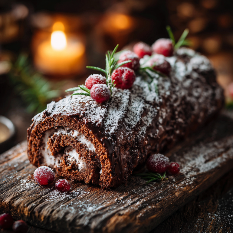 Yule Log Cake covered in glossy ganache and topped with sugared cranberries and rosemary on a rustic table.