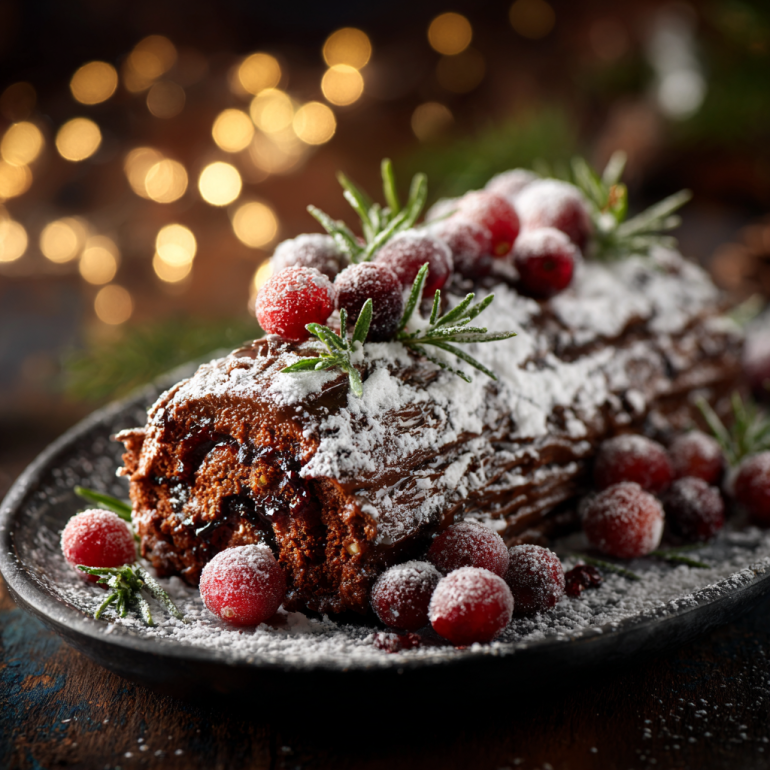 Decorated Yule Log Cake with powdered sugar, cranberries, and rosemary on a festive holiday table.