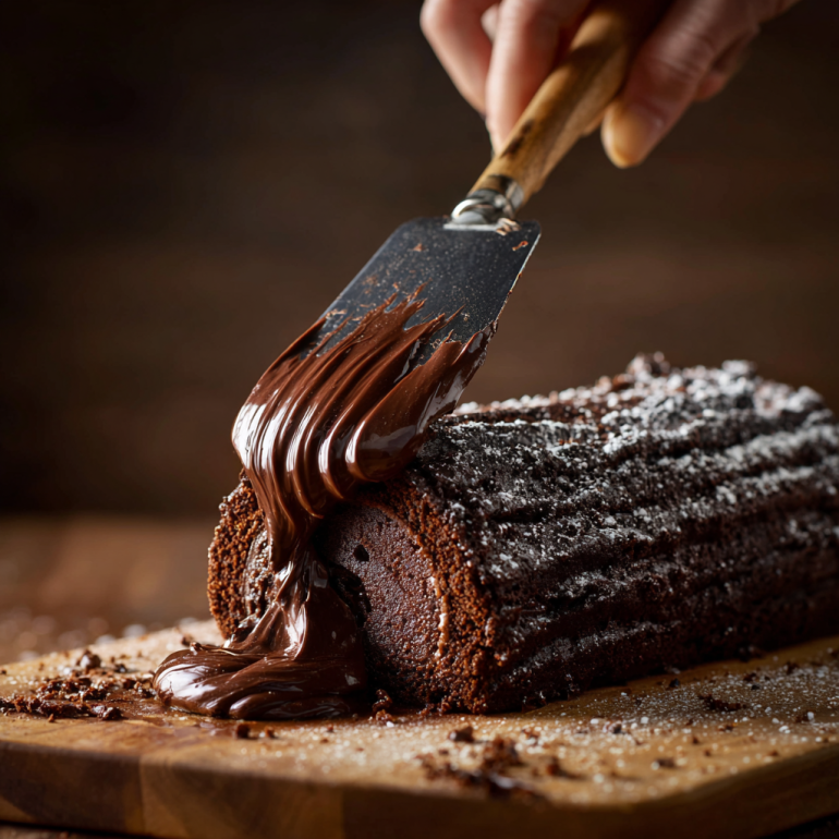 Chocolate ganache being spread over a rolled Yule Log Cake with a spatula.