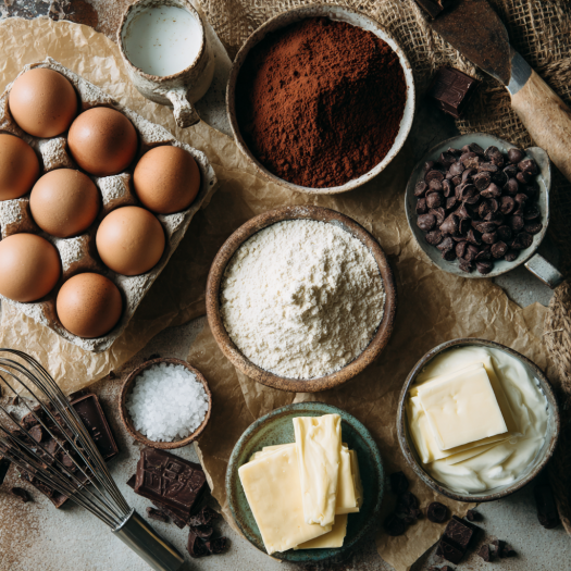 Ingredients for Yule Log Cake arranged on a holiday kitchen counter.