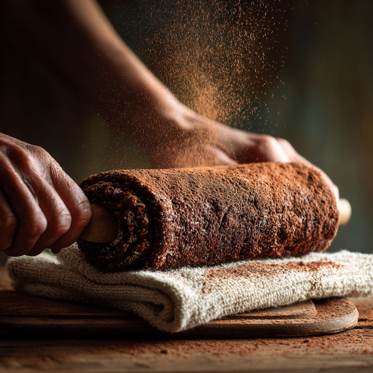 Hands rolling chocolate sponge cake in a towel dusted with cocoa powder.
