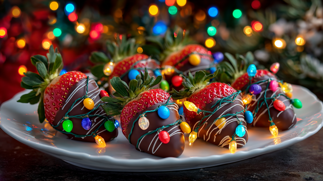 Christmas lights chocolate strawberries