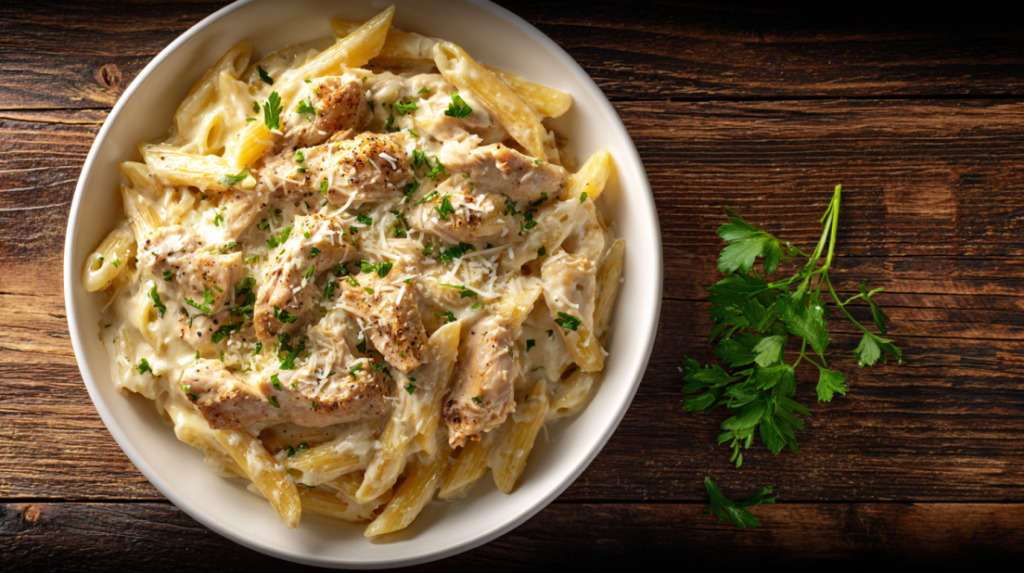 Creamy garlic parmesan chicken pasta in a white bow