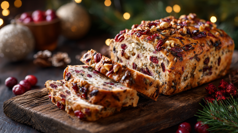 Festive Christmas bread loaf on rustic wooden board