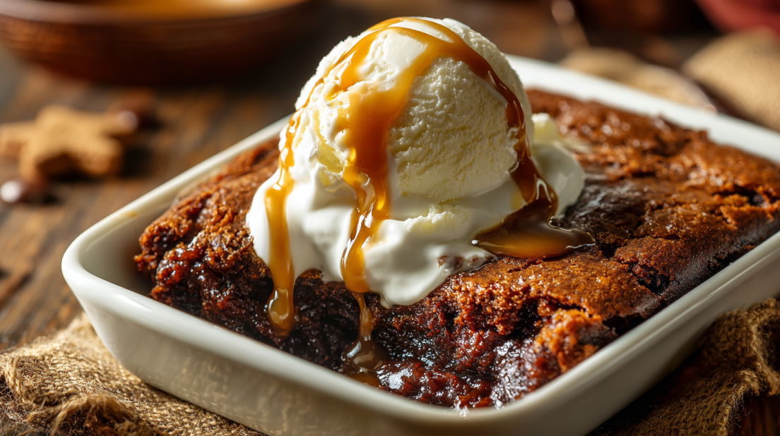 Gingerbread pudding cake in baking dish
