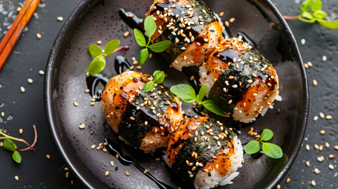 Japanese onigiri rice balls filled with glazed chicken