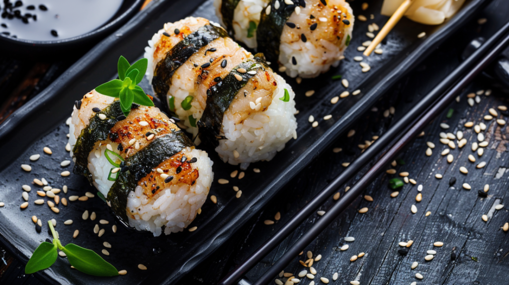 Japanese onigiri rice balls filled with glazed chicken