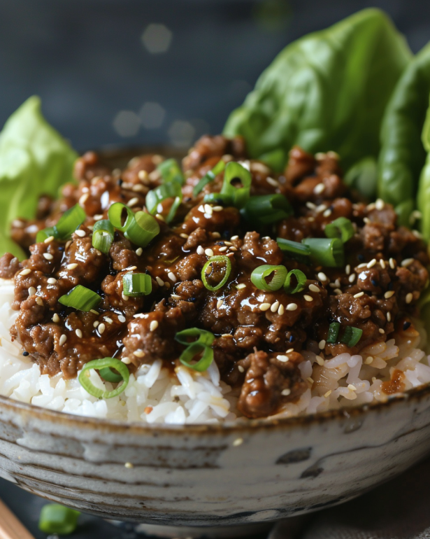 Korean ground beef over steamed white rice 