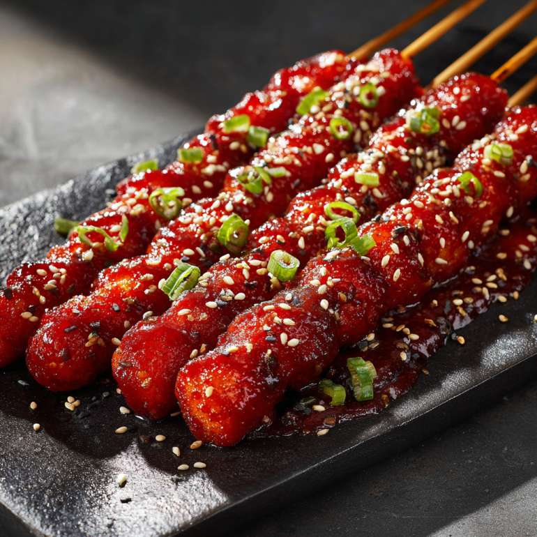 Korean spicy rice cake skewers (Tteok Kkochi)