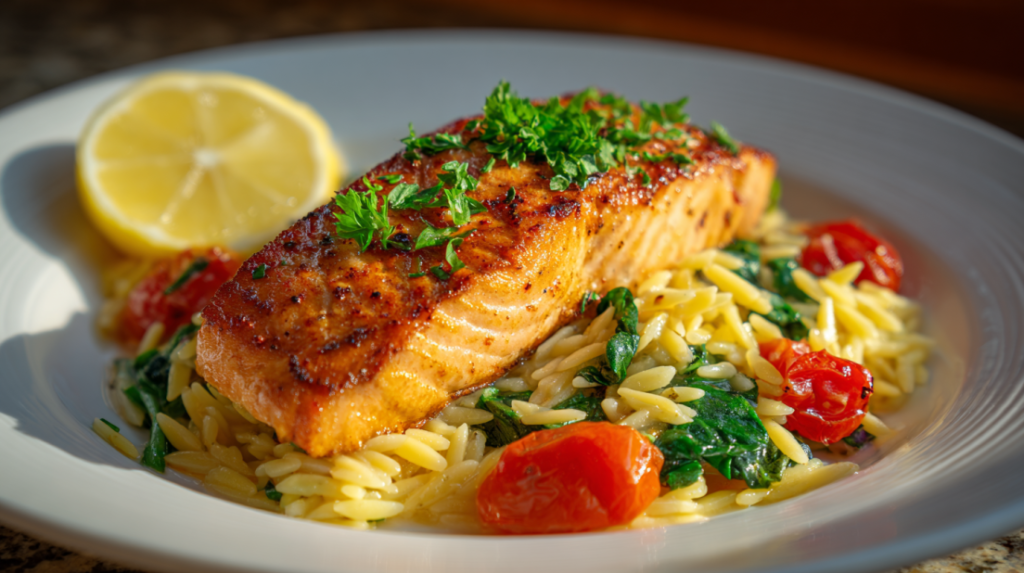 Mediterranean salmon fillet on bed of lemon orzo pasta 