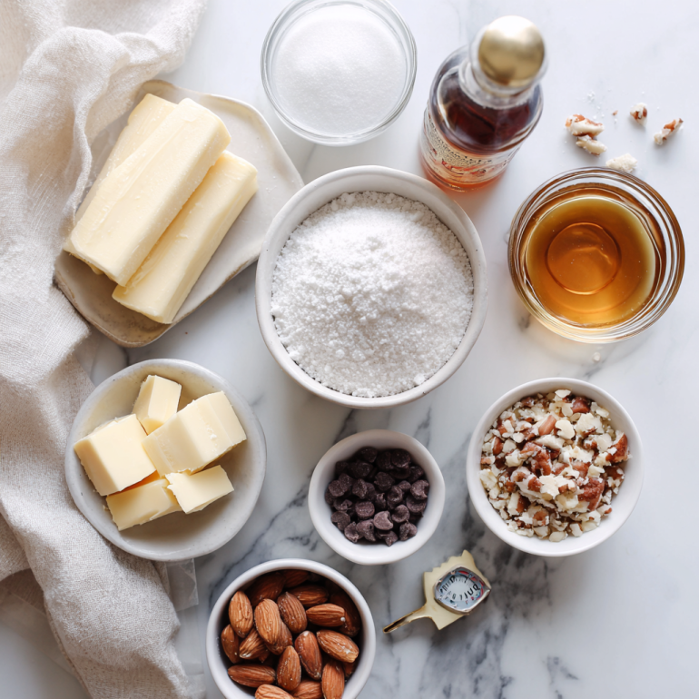 Overhead flat lay of toffee ingredients on white marble counter