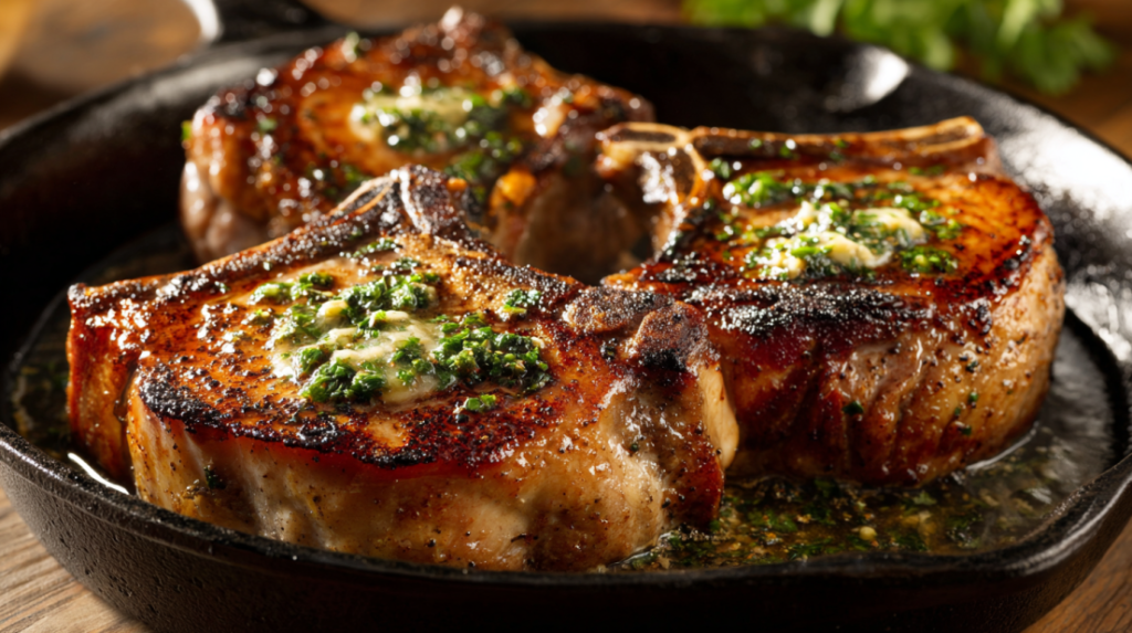 Perfectly seared bone-in pork chops in cast iron skillet
