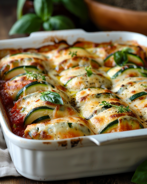 baked dish of Zucchini Rollatini 