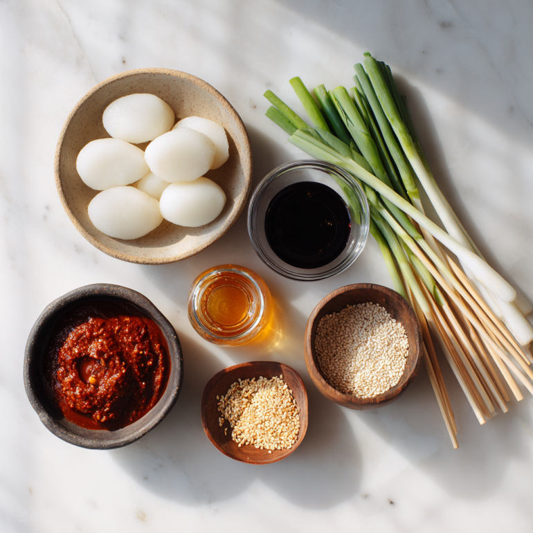 ingredients for Korean spicy rice cake skewers