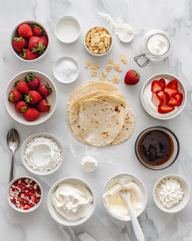 ingredients for strawberry crunch cheesecake tacos