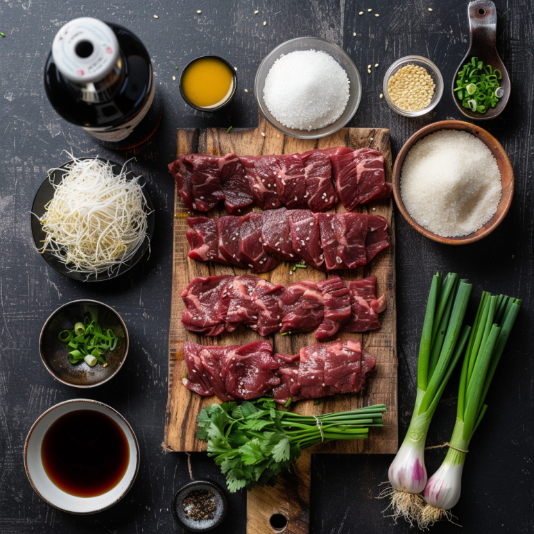 Complete ingredients for Mongolian beef including flank steak, Shaoxing wine, soy sauce, and vegetables