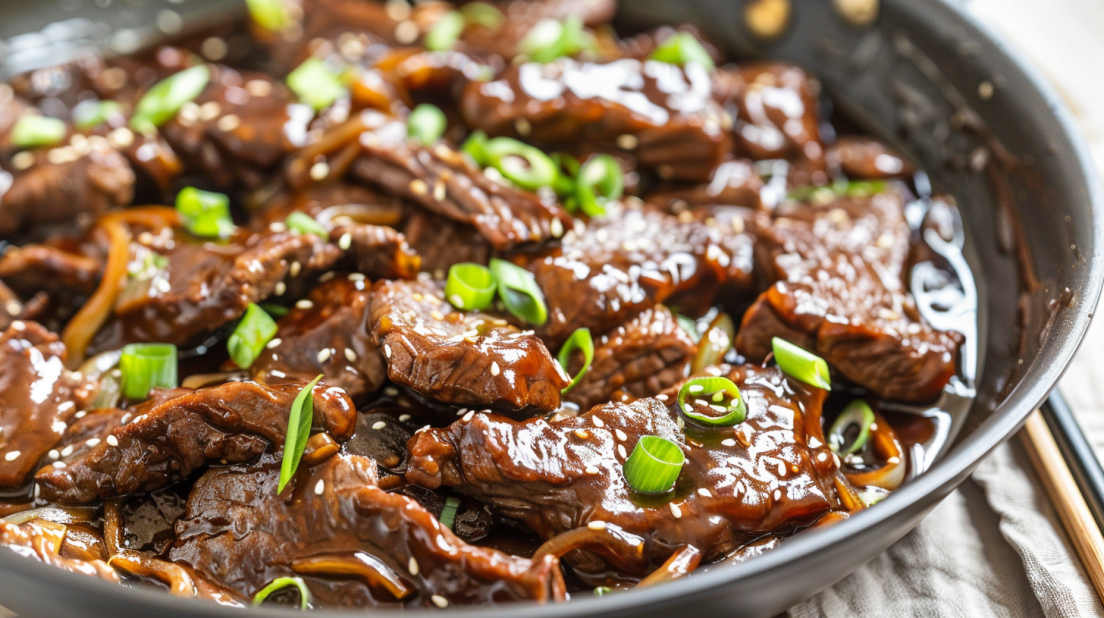 Quick and easy Mongolian beef with glossy sweet soy sauce, green onions, and tender beef slices