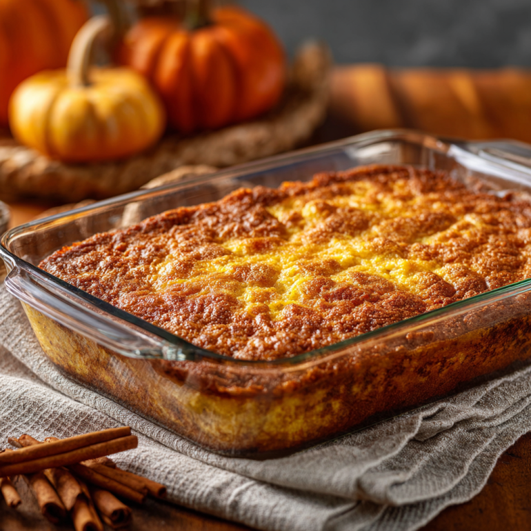 Freshly baked pumpkin dump cake with a golden crust in a baking dish.