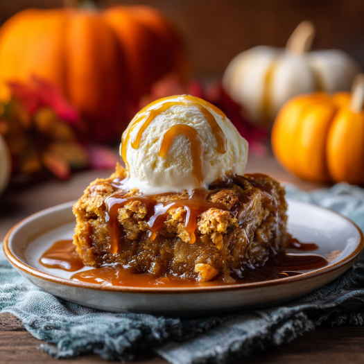 Warm pumpkin dump cake with melting vanilla ice cream and caramel drizzle.
