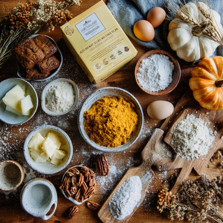 Flat lay of pumpkin dump cake ingredients on a rustic wooden table.